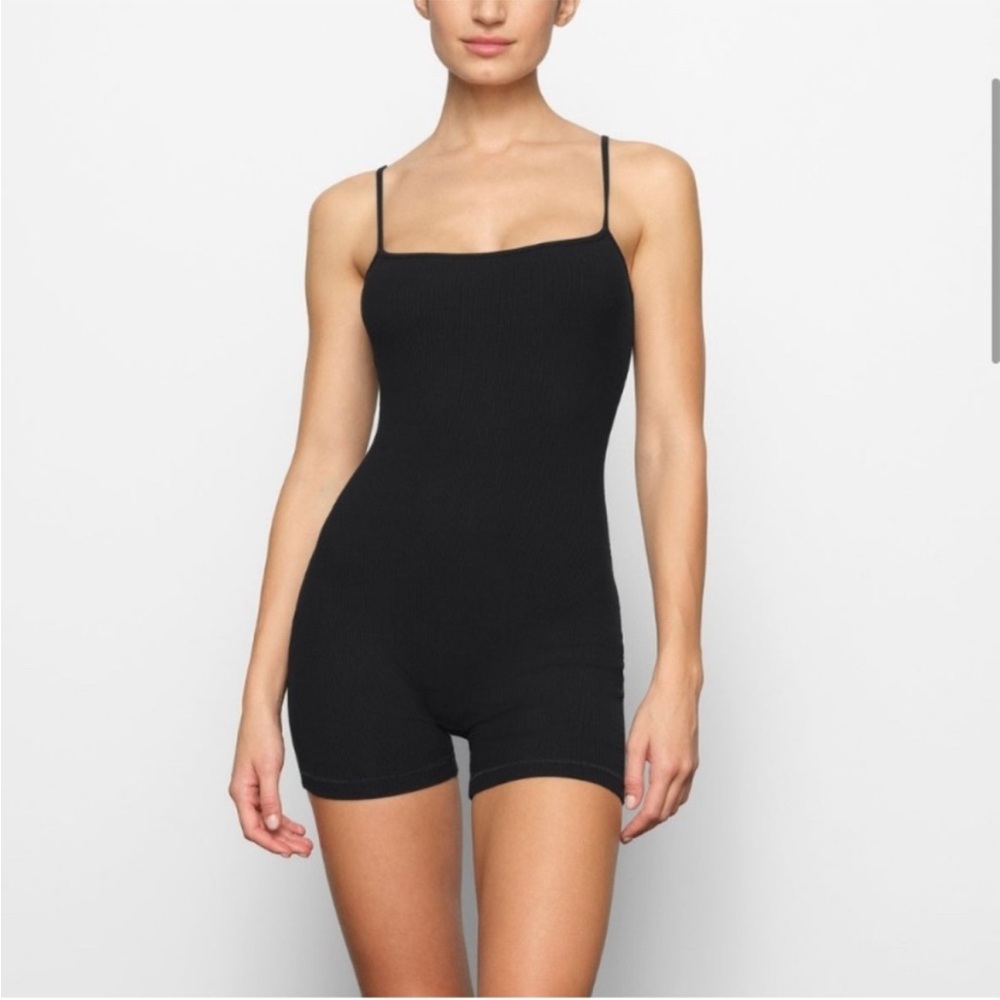 SKIMS Black Ribbed Tank Romper with Square Neck